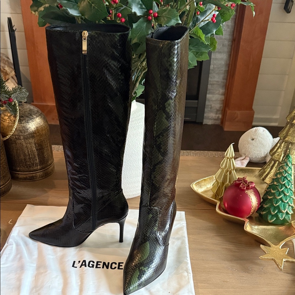 L'AGENCE Black Heeled Boots with green accent